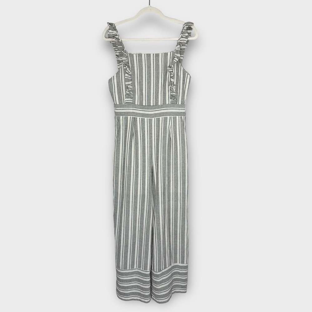 HYFVE tan cream linen wide leg romper M ruffle overalls jumper cropped striped